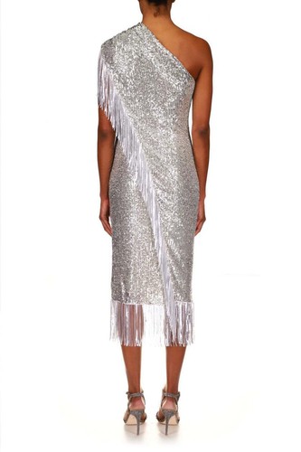 Pre-owned Badgley Mischka Asymmetrical One Shoulder Sequin Fringe Cocktail Dress In Gold