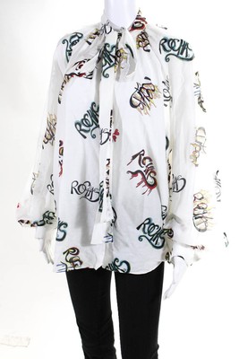 Pre-owned Rochas Womens Collared Tie Neck Abstract Logo Blouse Top White Size 44