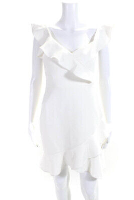 BCBG Max Azria Womens Knit Ruffled V-Neck A-Line Zip Up Dress White Size 2