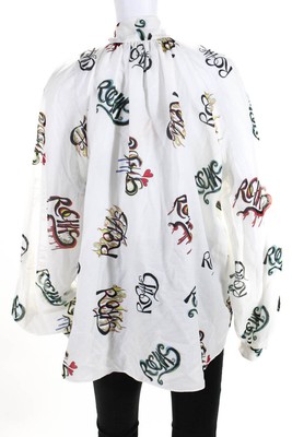 Pre-owned Rochas Womens Collared Tie Neck Abstract Logo Blouse Top White Size 44