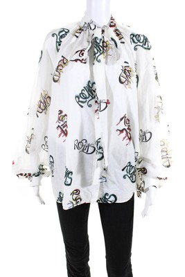 Pre-owned Rochas Womens Collared Tie Neck Abstract Logo Blouse Top White Size 44