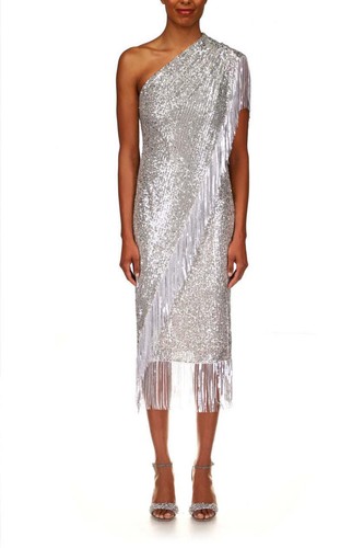 Pre-owned Badgley Mischka Asymmetrical One Shoulder Sequin Fringe Cocktail Dress In Gold