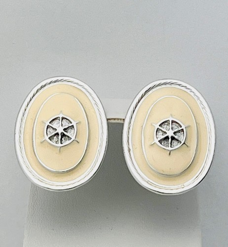 Vintage 1980-90s Silver Tone Beige Enamel Wheel Helm Pierced