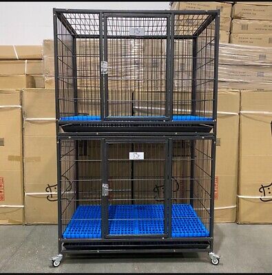 Heavy duty 2-Tier comfy Dog Kennel Crate Plastic Floor, Tray & Casters