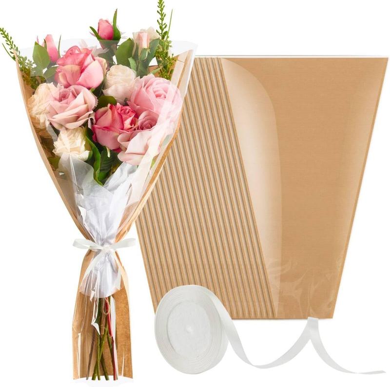 50Pcs Flower Bags for Bouquet, Flower Bouquet Wrapping Paper Kraft Floral Sleeve