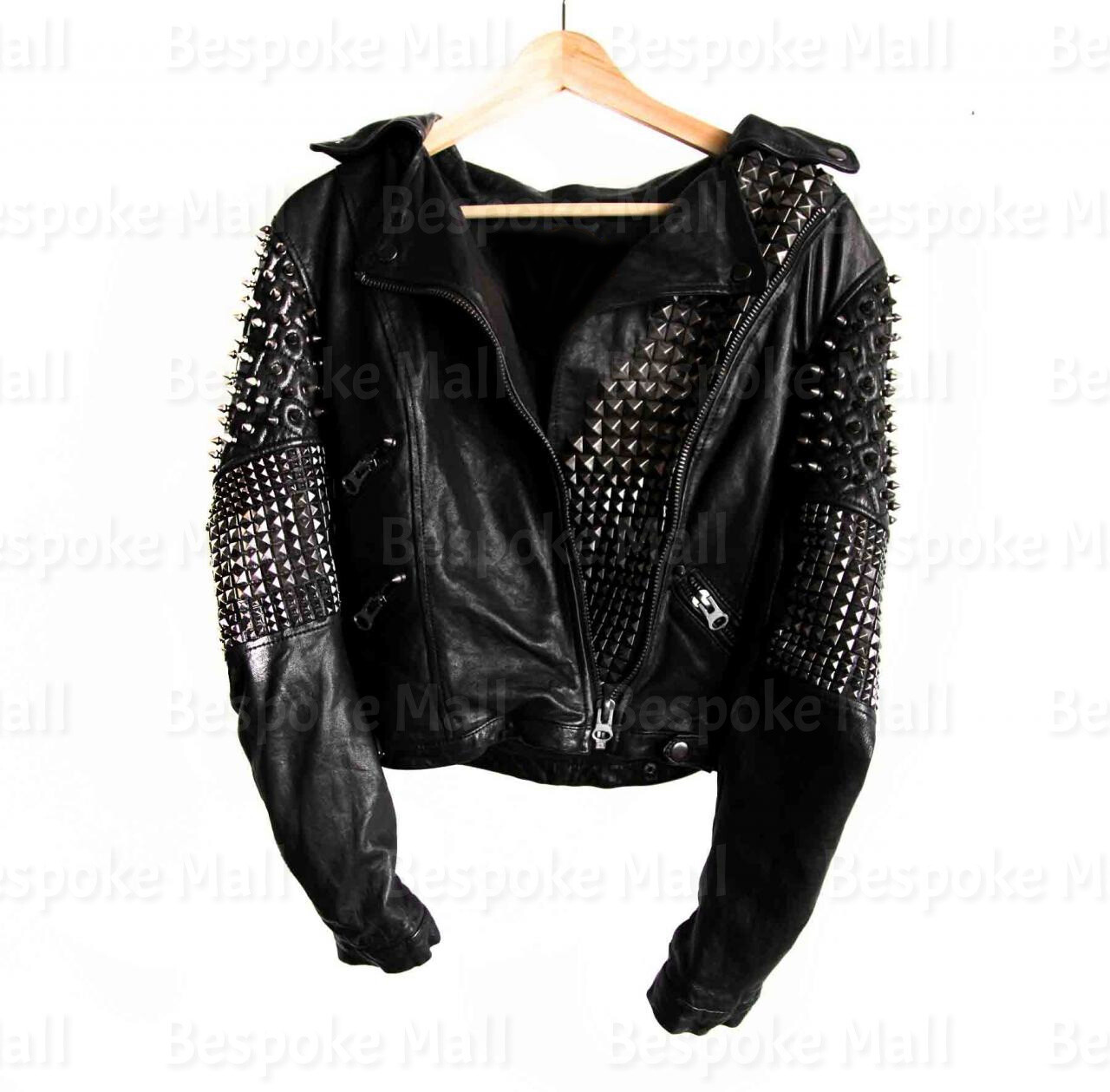 Pre-owned Handmade Woman's Punk Silver Long Spiked Studded Top Quality Biker Leather Jacket-950