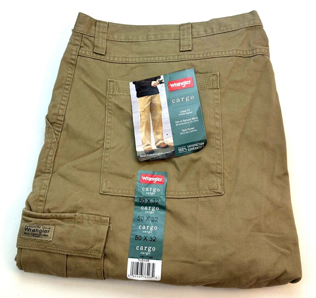 Wrangler Cargo Loose Fit Jeans Mens Size W50 L32 100% Cotton Khaki New