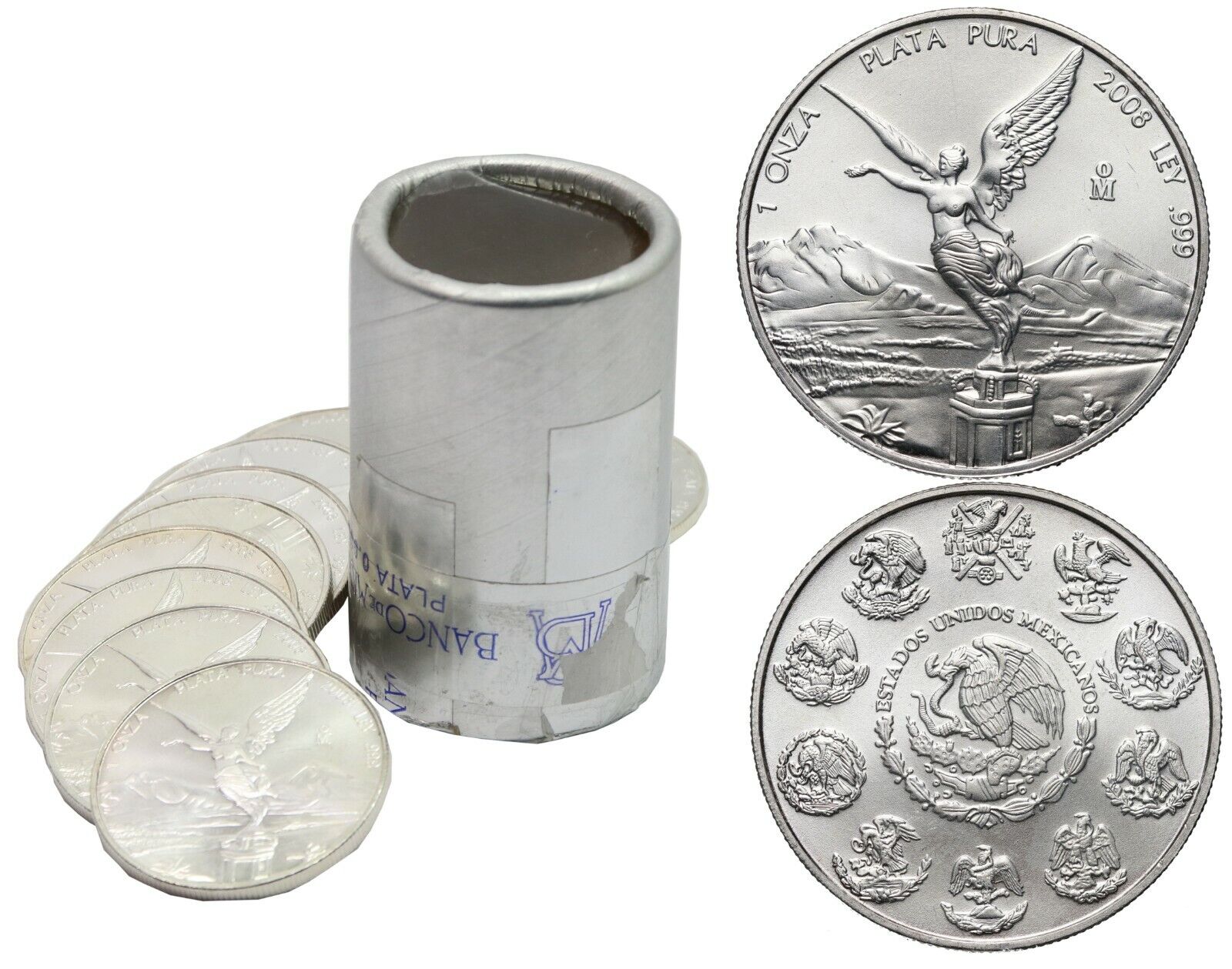 Mexico, Libertad, 2008, 1oz, 0.999 Silver, Opened Bank Roll Mexico, Libertad, 2008, 1oz, 0.999 Silver, Opened Bank Roll