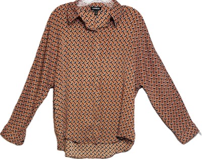 Express Top M Multicolor Blouse Long Sleeve Collared High Low Button