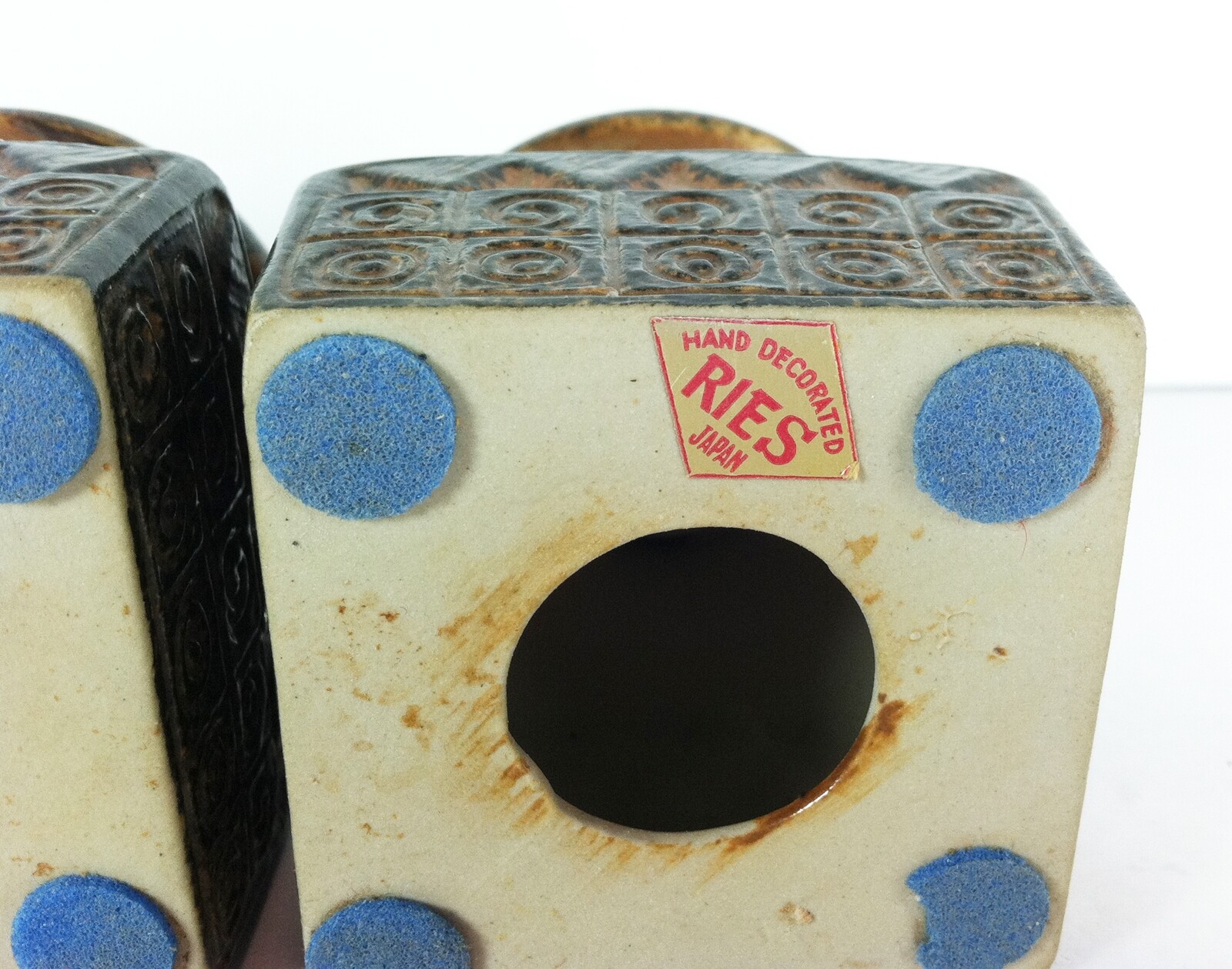 Vintage Candle Holders Pair Ries Japan Mid Century Brown Embossed Ceramic