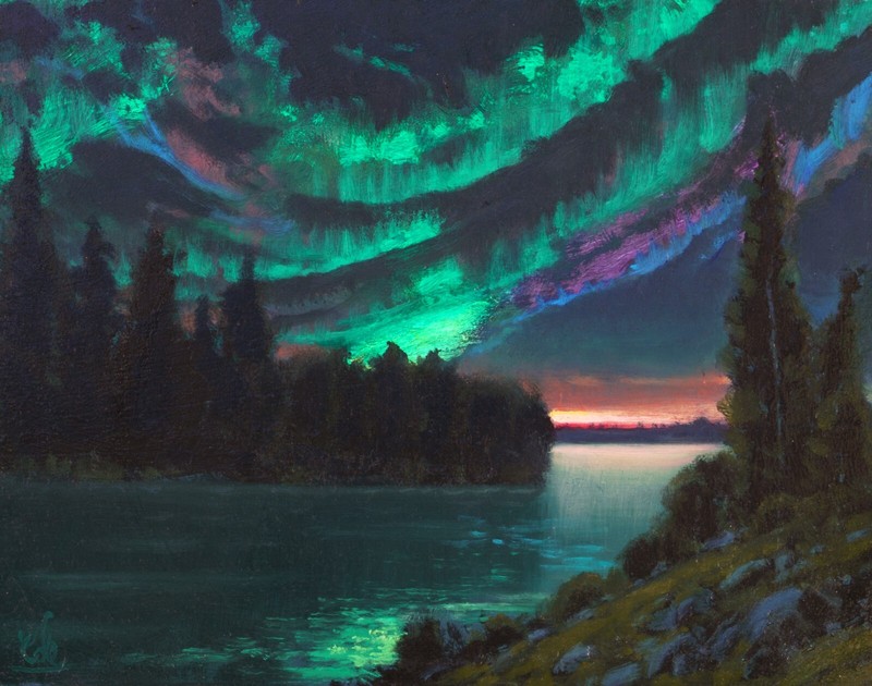 Original Oil Painting Landscape Antique like Alaska Northern Lights 785