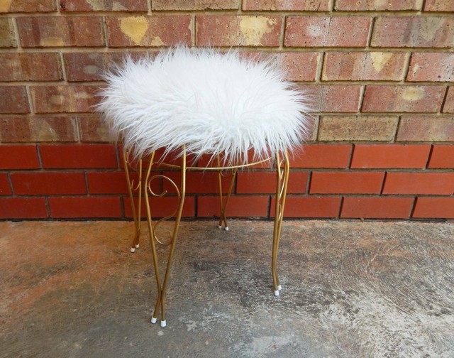 Vintage White Fluffy Vanity Stool Other Home Decor