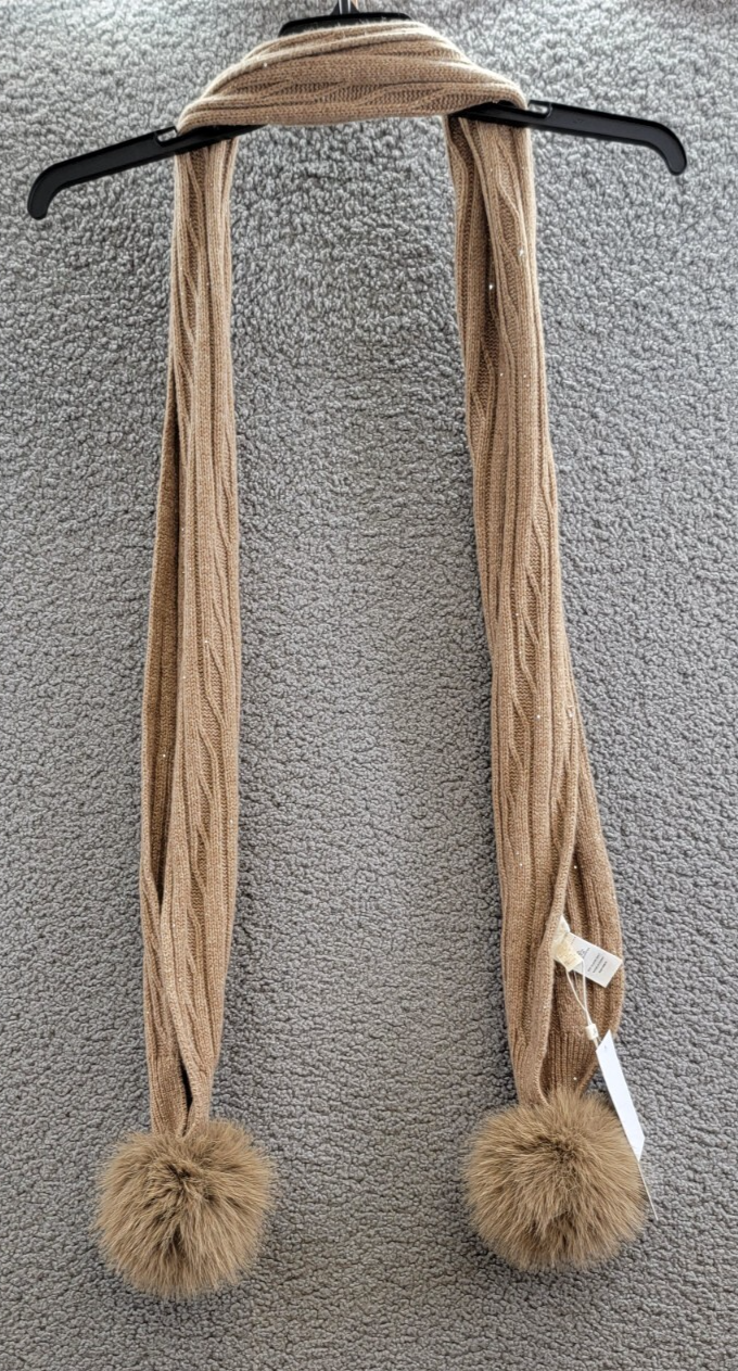 Adrienne Landau Wool The Lyla Scarf Women's One Size Camel Pom-Poms At Ends~ - Picture 2 of 15