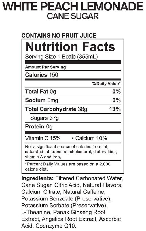 &ndash; White Peach Lemonade - Cane Sugar (12 Pack), Premium Energy Drink, 12Oz Bottle