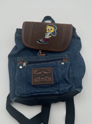 Vintage Looney Tunes Denim Cool Tweety Bird Backpack With Embroidered Tweety