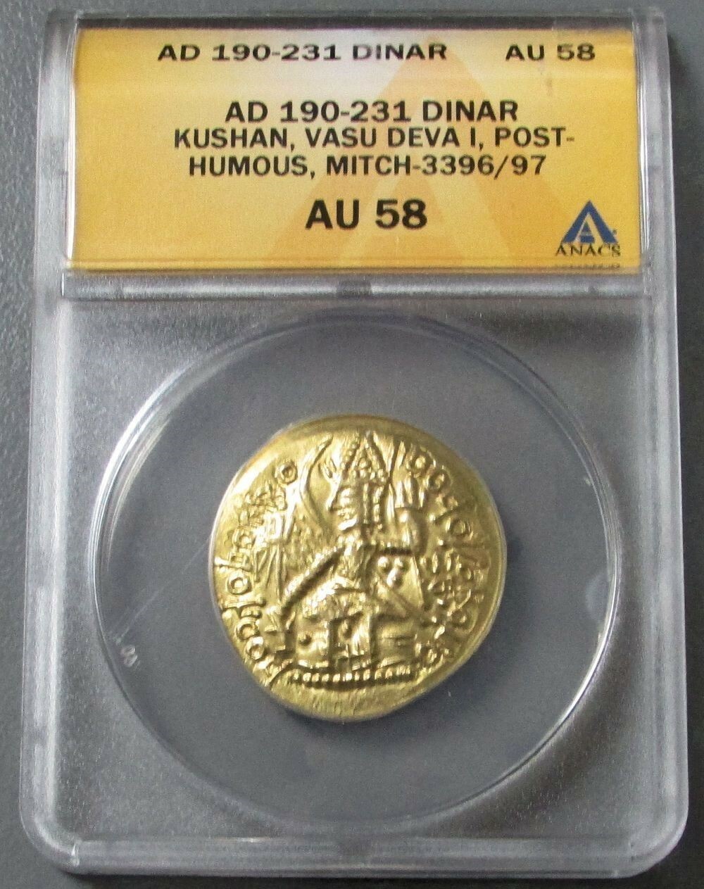 AD 190 -231 GOLD INDIA KUSHAN SASANIAN VASUDEVA DINAR HAMMERED COIN ANACS AU 58
