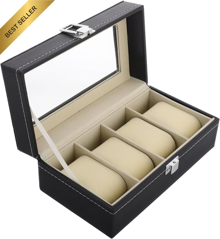 Watch Storage Case 4 Slot Watch Box for Men and Women Faux Leather Holder with S