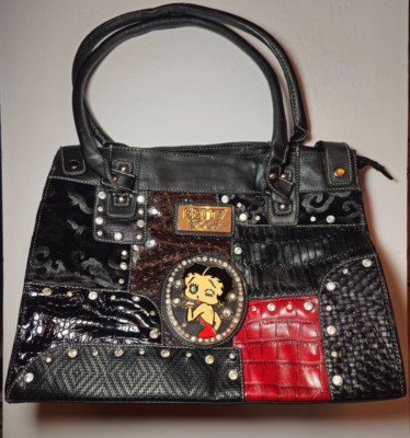 Betty Boop LARGE Purse Handbag Black Red Velvet Patch Patchwork Rhinestones