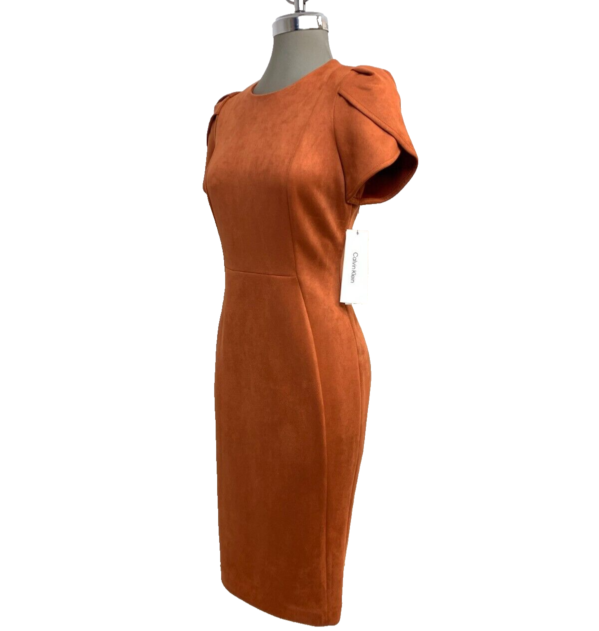 NEW Calvin Klein $129 Faux Suede Tulip Sleeve  Rust Sheath Dress Size 4