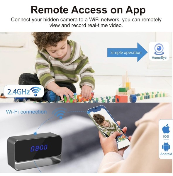 Child monitored via remote access camera app on smartphone.