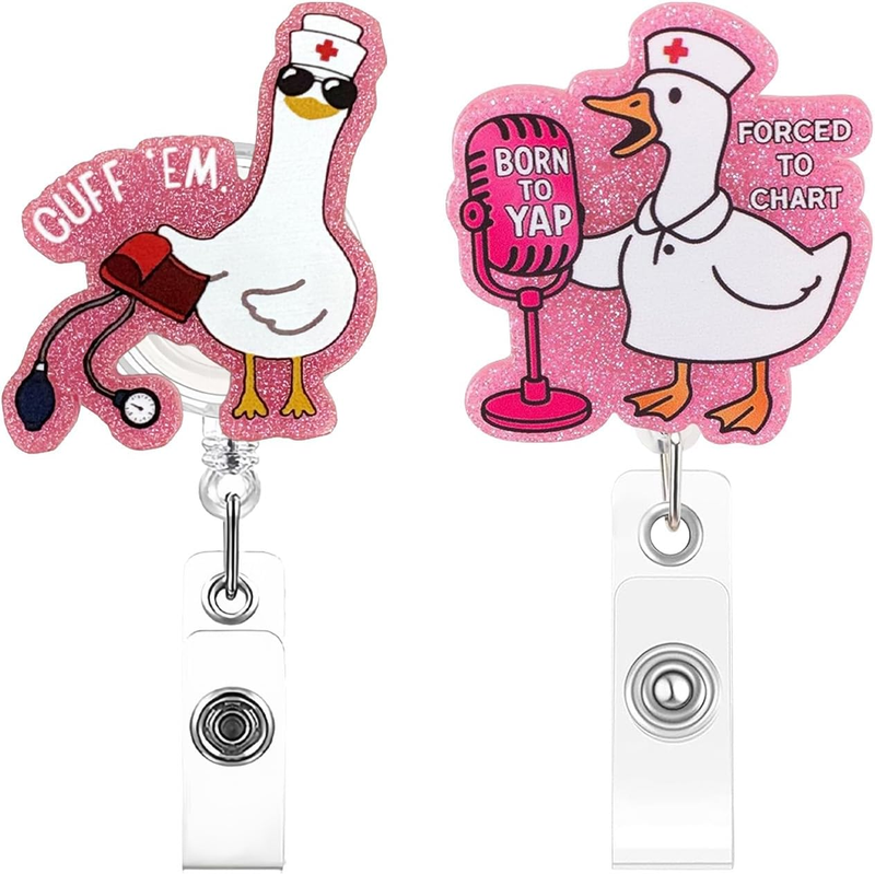 2Pcs Comical Goose ID Badge Reel Set - Cute Retractable Animal Badge Holder with
