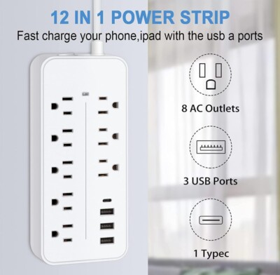 multi plug outlet surge protector with extender with usb and type C