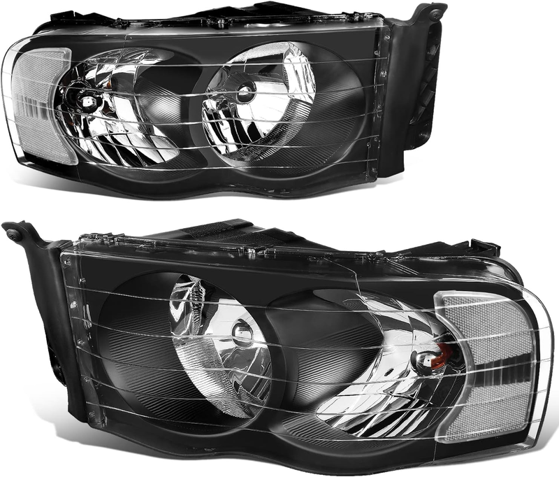 Black Housing Left & Right Headlights for 2002-05 Ram 1500 2003-05 Ram 2500 3500