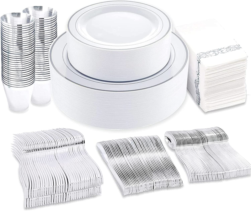 400pcs Silver Dinnerware Set Plastic Plates Party Disposable Wedding Dinnerware