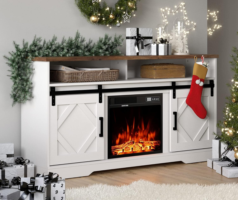 Fireplace TV Stand for Tvs up to 65 Inch, Farmhouse Wood Electric Fireplace Ente