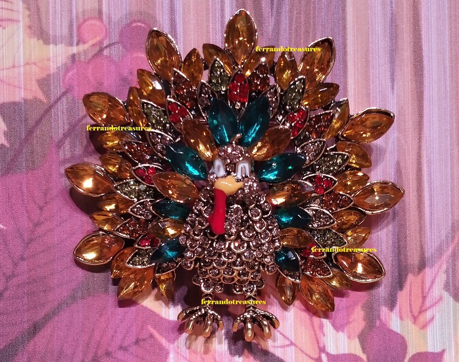 Turkey Thanksgiving Day / Fall Crystal Rhinestone Brooch Pin Velvet Bag - VIDEO