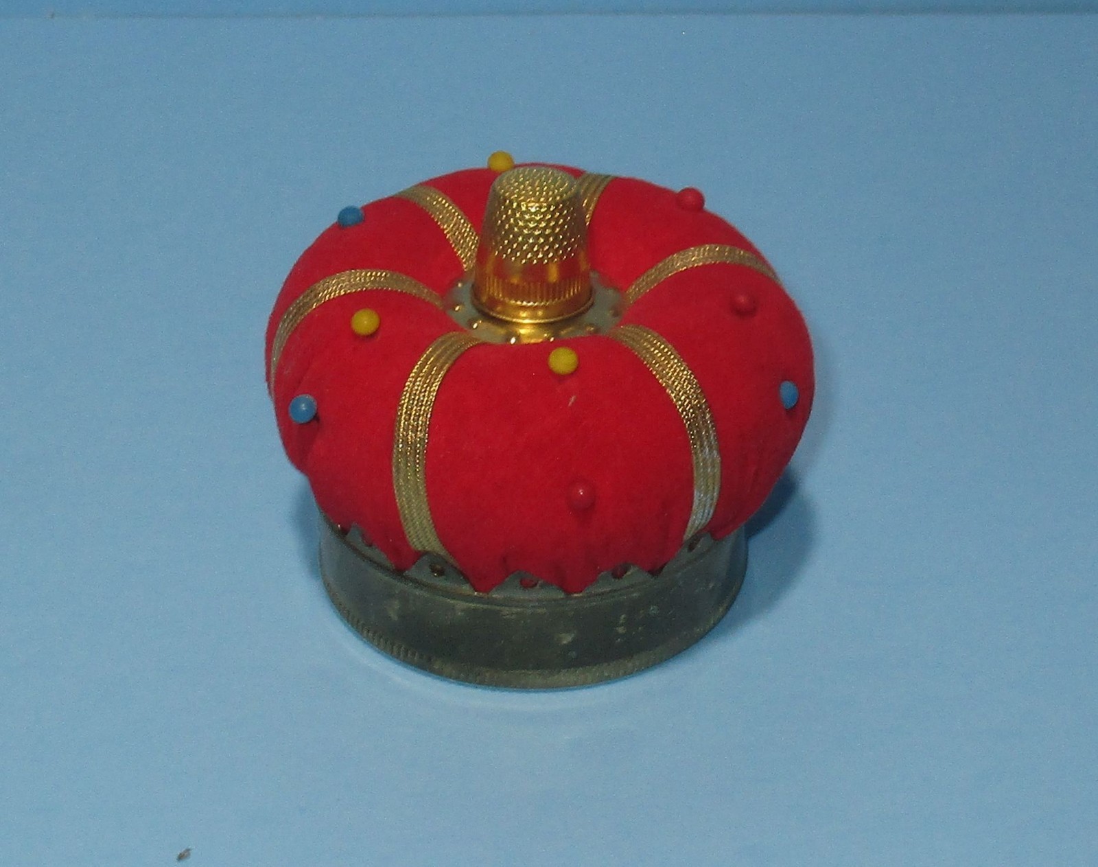 Vintage Crown Pin Cushion w/Thimble Tape Measure Original Box