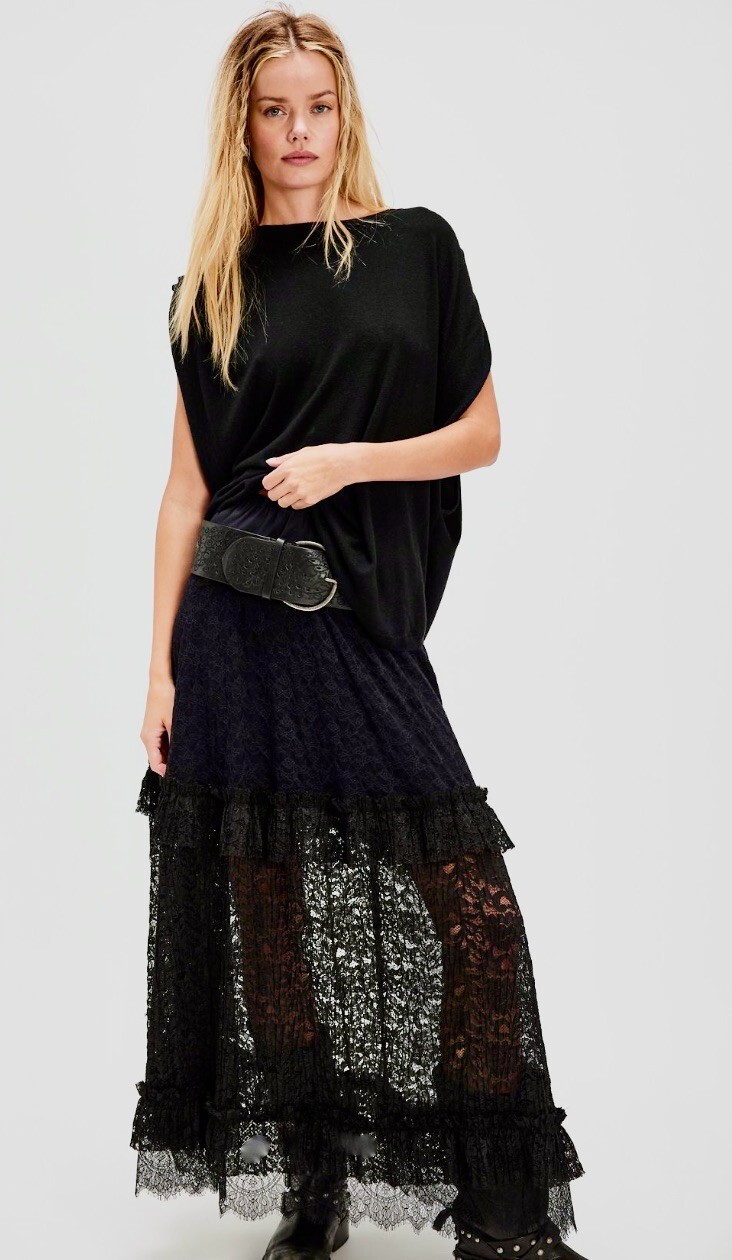 Free People Arizona Maxi Skirt Sheer Lace Tiered Ruffle Elastic Black S NEW