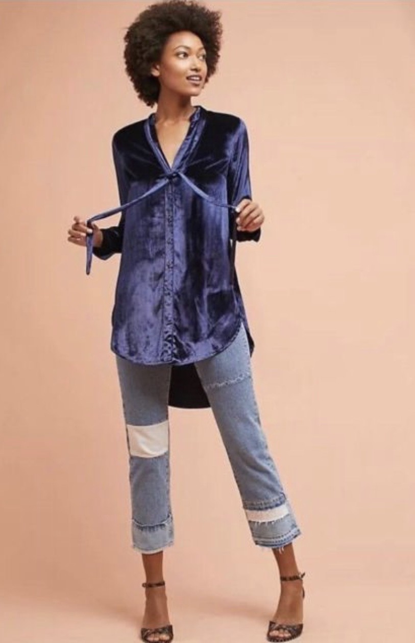 

Туника Anthropologie Mauve, бархатный верх с завязками на пуговицах, синий Hi Lo,  NWT