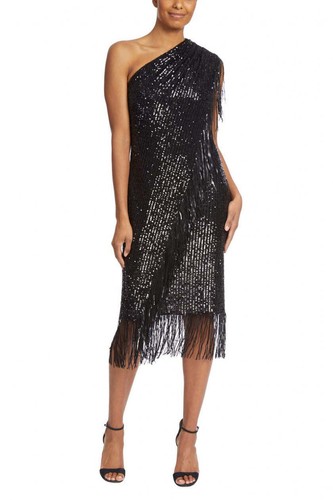 Pre-owned Badgley Mischka Asymmetrical One Shoulder Sequin Fringe Cocktail Dress In Gold
