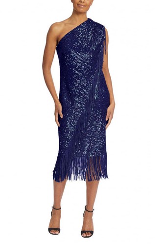 Pre-owned Badgley Mischka Asymmetrical One Shoulder Sequin Fringe Cocktail Dress In Gold