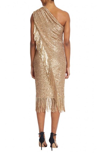 Pre-owned Badgley Mischka Asymmetrical One Shoulder Sequin Fringe Cocktail Dress In Gold