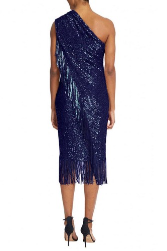 Pre-owned Badgley Mischka Asymmetrical One Shoulder Sequin Fringe Cocktail Dress In Gold