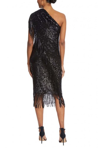 Pre-owned Badgley Mischka Asymmetrical One Shoulder Sequin Fringe Cocktail Dress In Gold