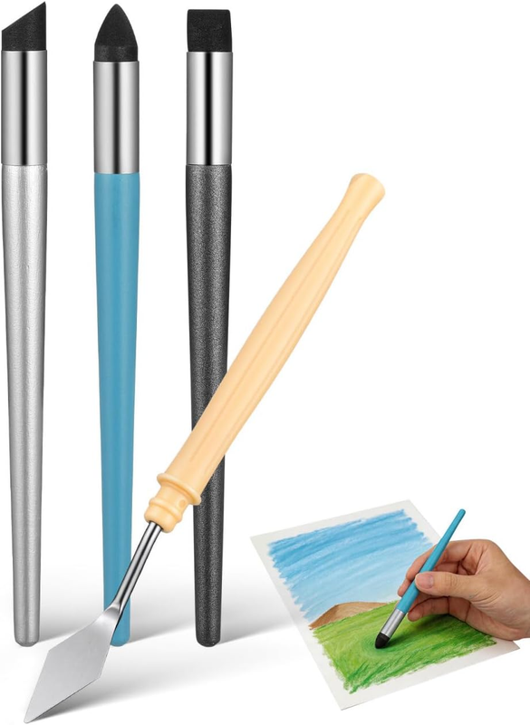 4 Pcs Oil Pastel Blending Tools, 3 Sponge Brushes & 1 Palette Knife