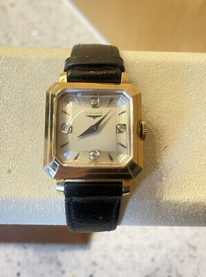 Vintage Diamond Face 14K Yellow Gold Longines Watch on Black Leather Strap