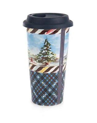 NEW Mackenzie Childs Highbanks Travel Cup Mug 3.75'' diameter 7.25 tall 14 oz BOX