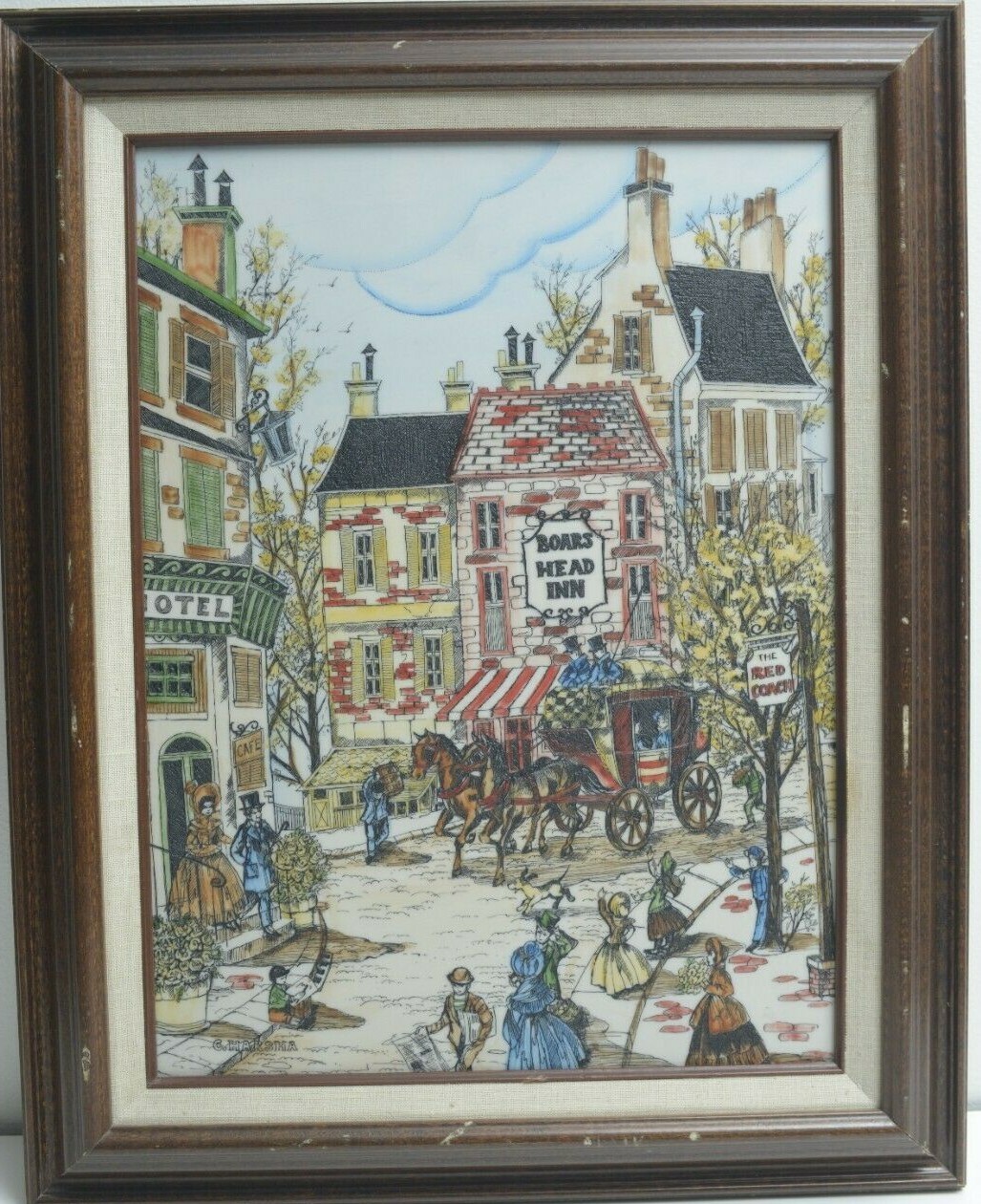 ヴィンテージ アンティーク 油絵 アート hooked vintage C. Harsha Vintage Victorian Street Store Scene Hand Painted