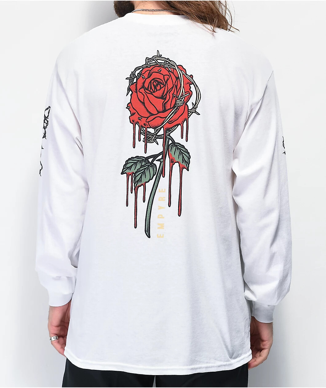 Empyre Mens Barbed Wire & Roses White Long Sleeve Tee Shirt