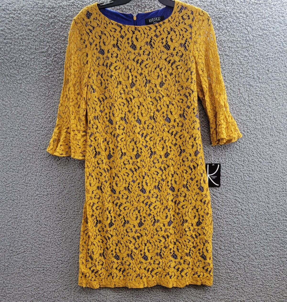 Kasper Lace Bell Sleeve Sheath Dress Women's S Gold/Royal Blue Back Zip Closure - Picture 2 of 17