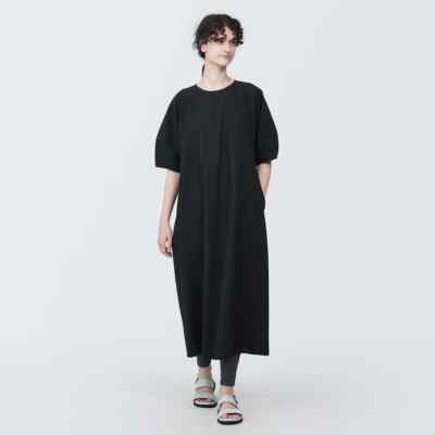 MUJI Womens 100% Organic Cotton Pullover Half Sleeve Dress Black FedEx