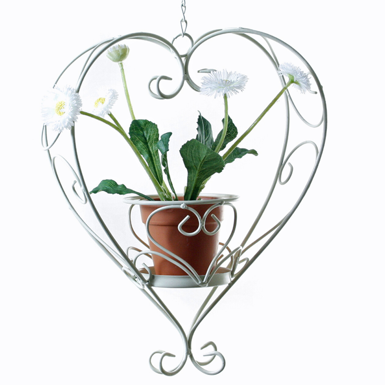 Blumenampel Herz zum Hängen, mit Kette, aus Eisen in Weiß