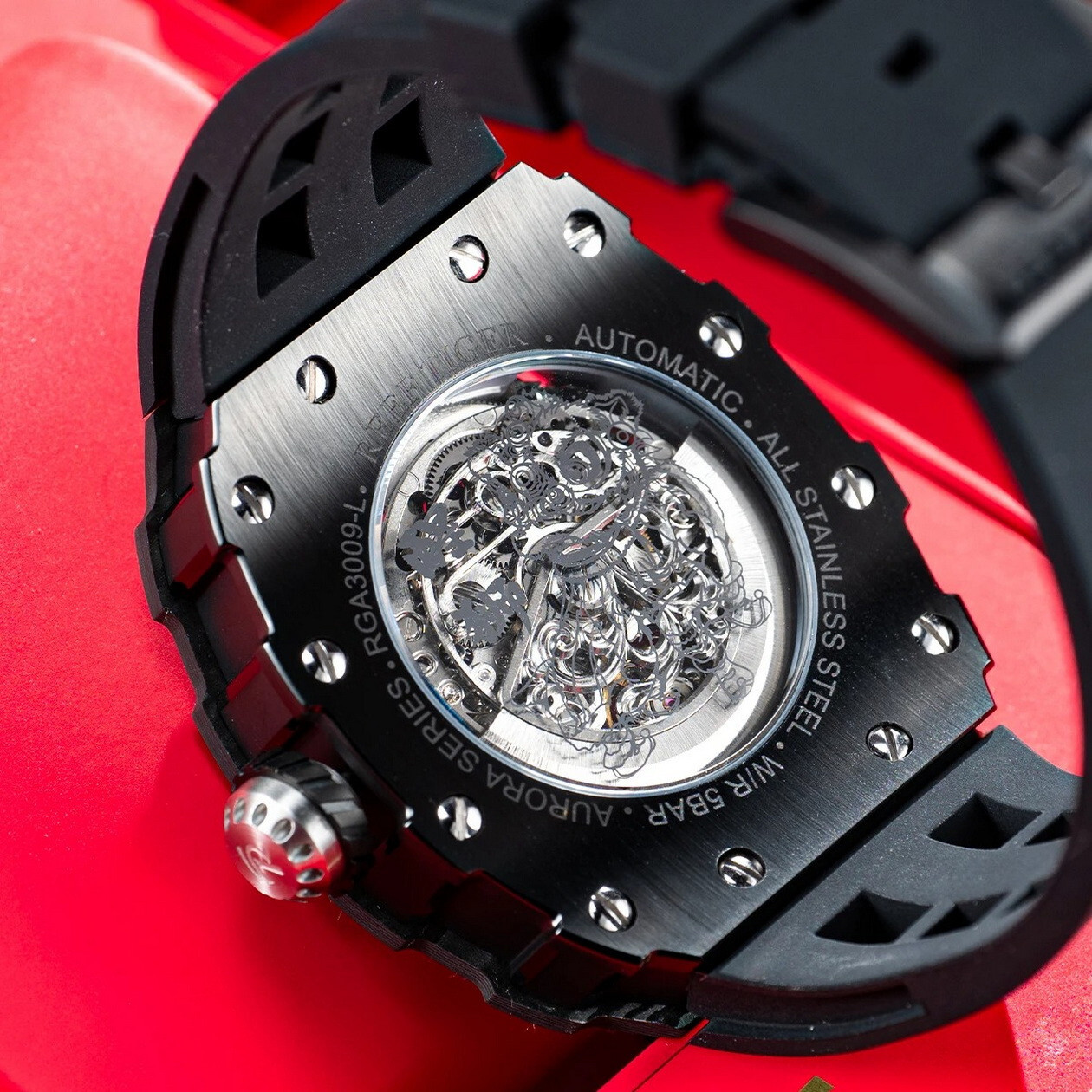Pre-owned Reef Tiger Men Automatic Watch Mechanical Carbon Fiber Bezel Luminous Lion Dial