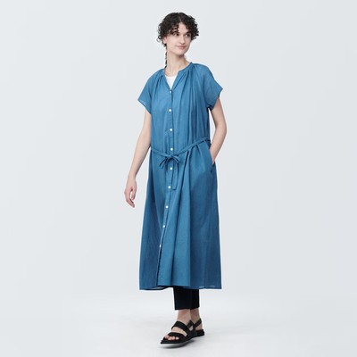 MUJI Womens 100% Organic Cotton French Sleeve Dress Blue FedEx