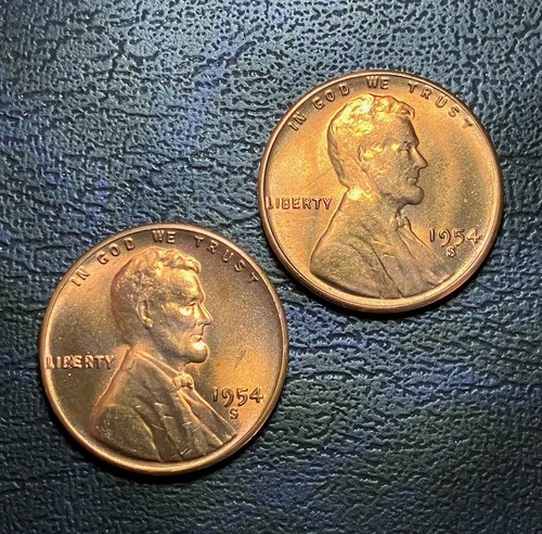 Two 1954 S Lincoln Wheat Pennies BU Struck Through Grease