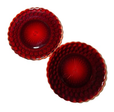 2 Anchor Hocking Glass Royal Ruby Red Bubble Dinner Plate 9.5  Vintage MCM